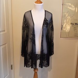 Sheer mesh and lace fringe sleeve “kimono” shawl